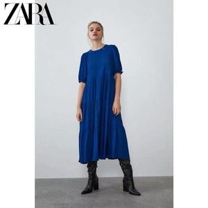 Zara Blue Balloon Sleeve Pleated Midi Dress Size L